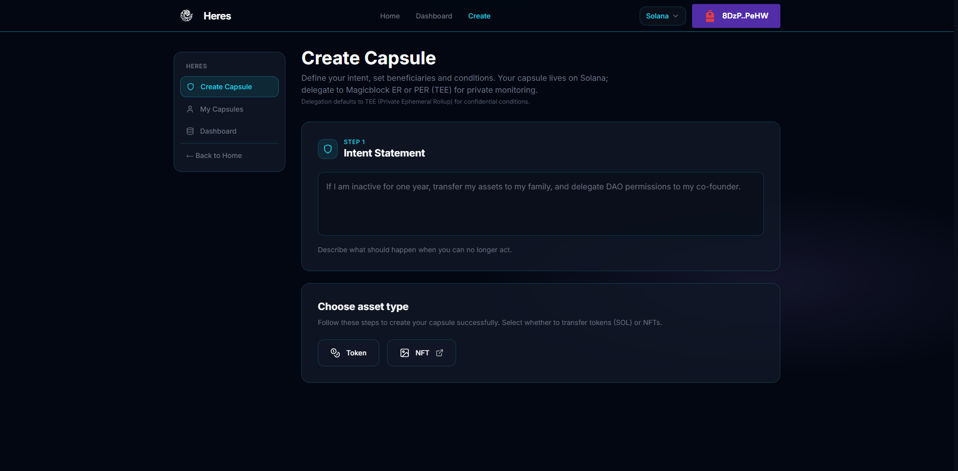 Create Capsule - intent, beneficiaries, asset type